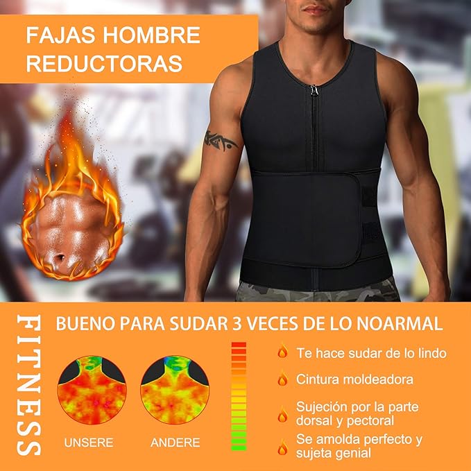 FAJA CHALECO REDUCTORA PARA HOMBRE CREMALLERA FRONTAL DE NEOPRENO FITNESS