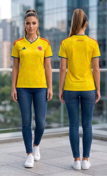 CAMISETA SELECCION COLOMBIA MUNDIAL 2026 PARA MUJER TRICOLOR EDICION ESPECIAL CENTENARIO AZUL SEGUNDA EQUIPACION