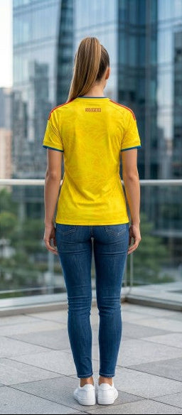 CAMISETA SELECCION COLOMBIA MUNDIAL 2026 PARA MUJER TRICOLOR EDICION ESPECIAL CENTENARIO AZUL SEGUNDA EQUIPACION