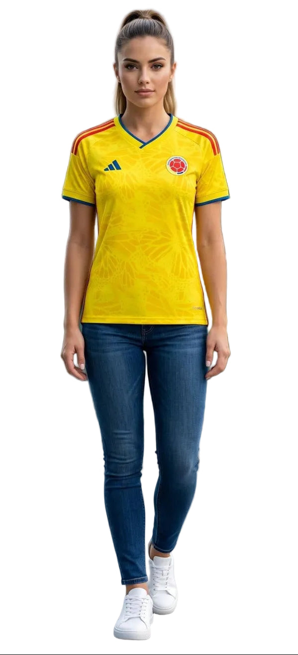 CAMISETA SELECCION COLOMBIA MUNDIAL 2026 PARA MUJER TRICOLOR EDICION ESPECIAL CENTENARIO AZUL SEGUNDA EQUIPACION
