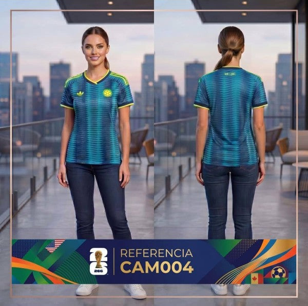 CAMISETA SELECCION COLOMBIA MUNDIAL 2026 PARA MUJER TRICOLOR EDICION ESPECIAL CENTENARIO AZUL SEGUNDA EQUIPACION