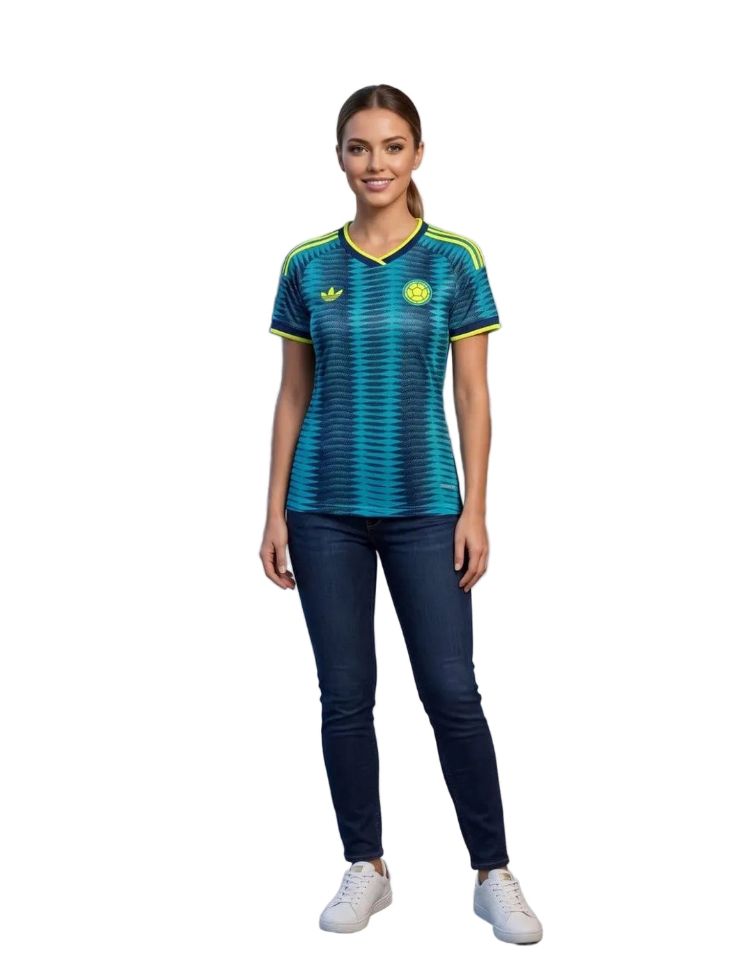 CAMISETA SELECCION COLOMBIA MUNDIAL 2026 PARA MUJER TRICOLOR EDICION ESPECIAL CENTENARIO AZUL SEGUNDA EQUIPACION