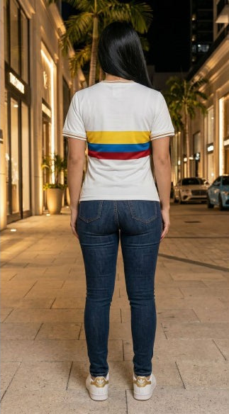 CAMISETA SELECCION COLOMBIA MUNDIAL 2026 PARA MUJER TRICOLOR EDICION ESPECIAL CENTENARIO AZUL SEGUNDA EQUIPACION