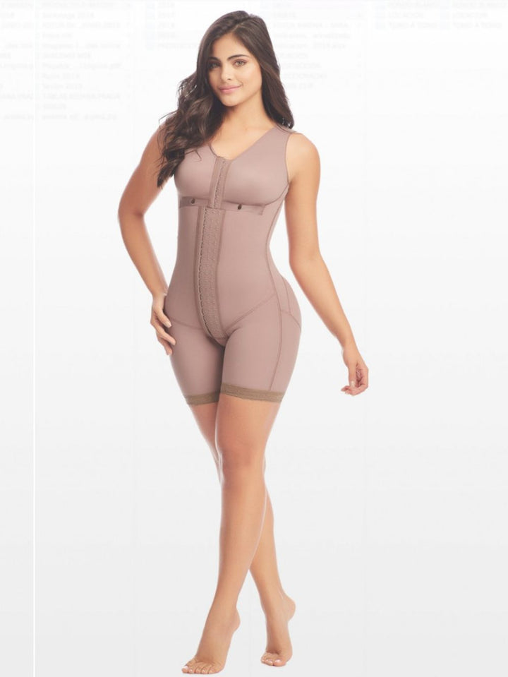 Girdle with bra up to mid-leg, three levels of closure, butt lifter